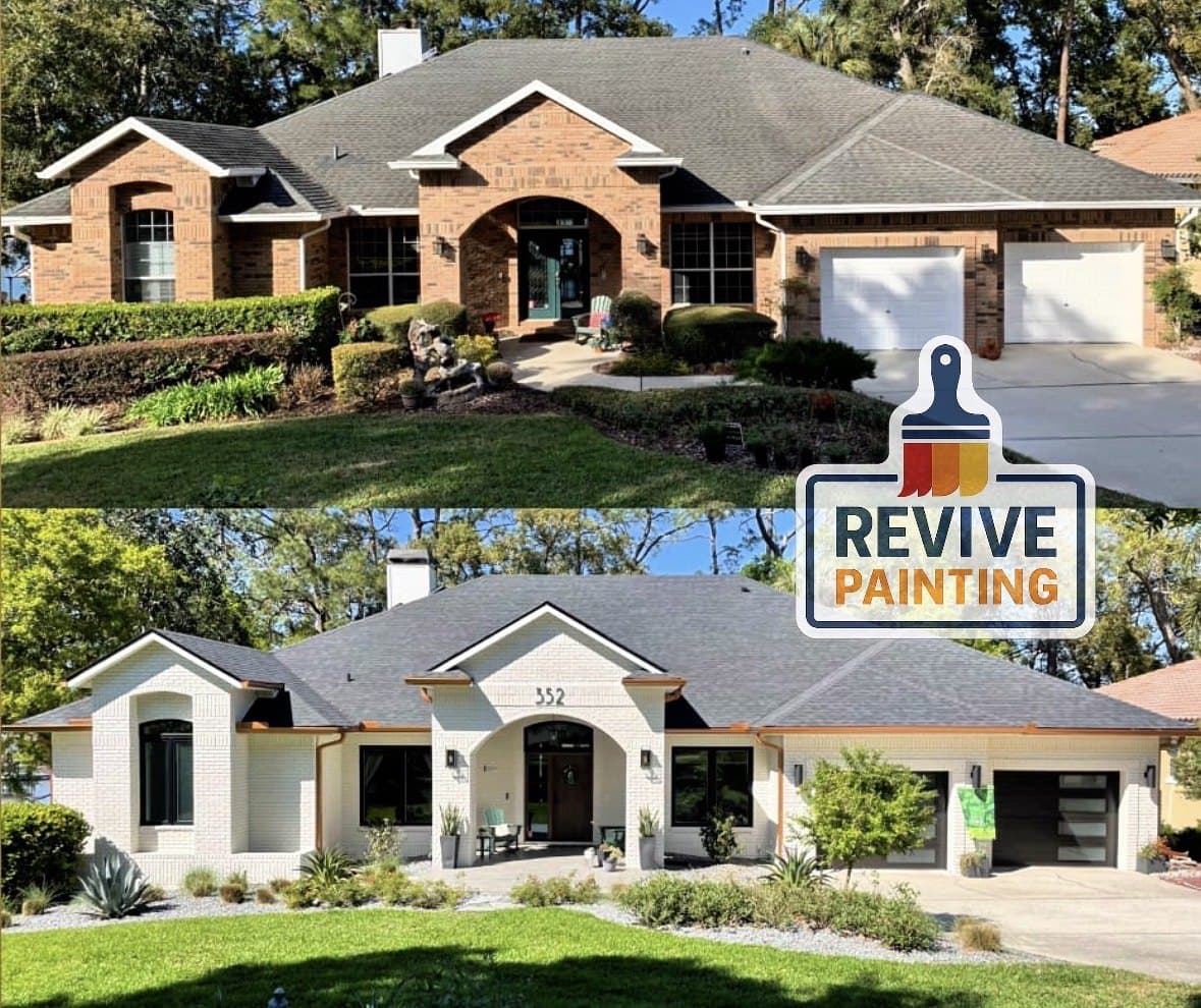 Before and after: a red brick ranch repainted white with black accents