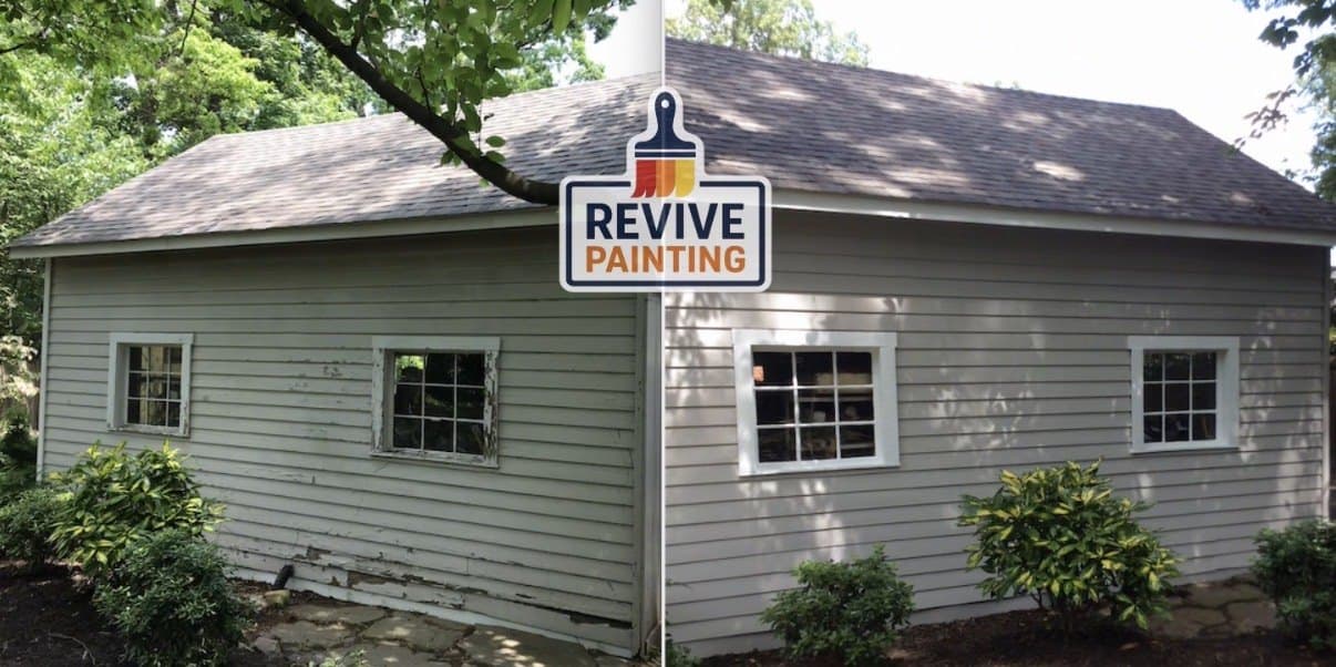 Before and after: a faded backyard outbuilding repainted gray with white trim