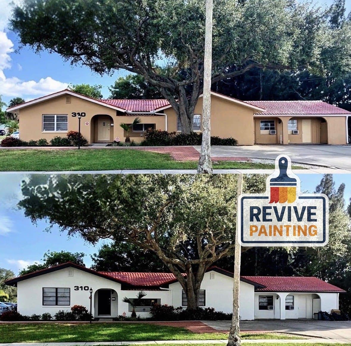 Before and after: a tan stucco house with a red tile roof repainted white