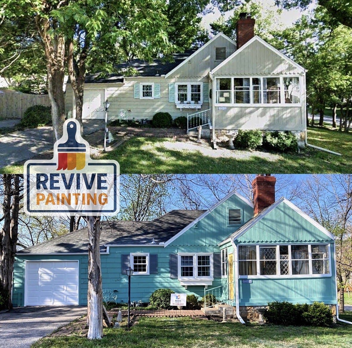 Before and after: a bright teal cottage repainted soft sage with white trim