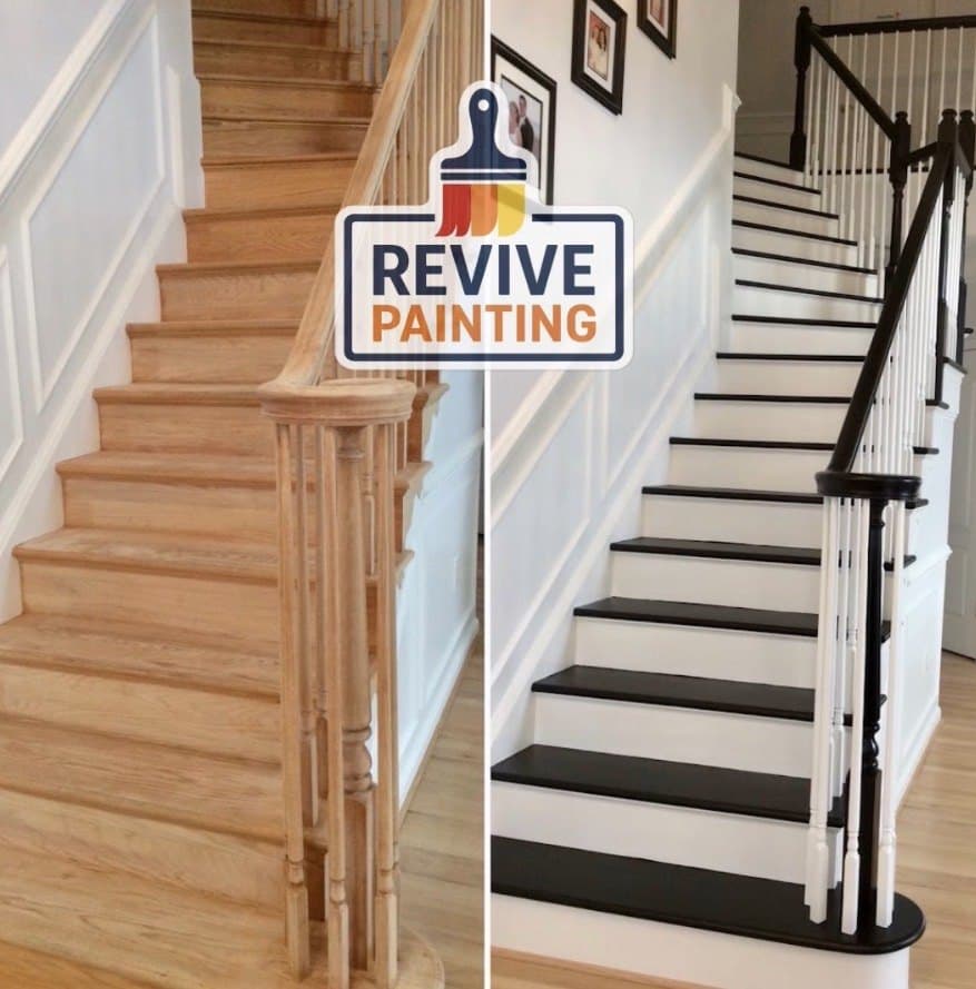 Before and after: a raw oak staircase finished with white risers, black treads and black handrail