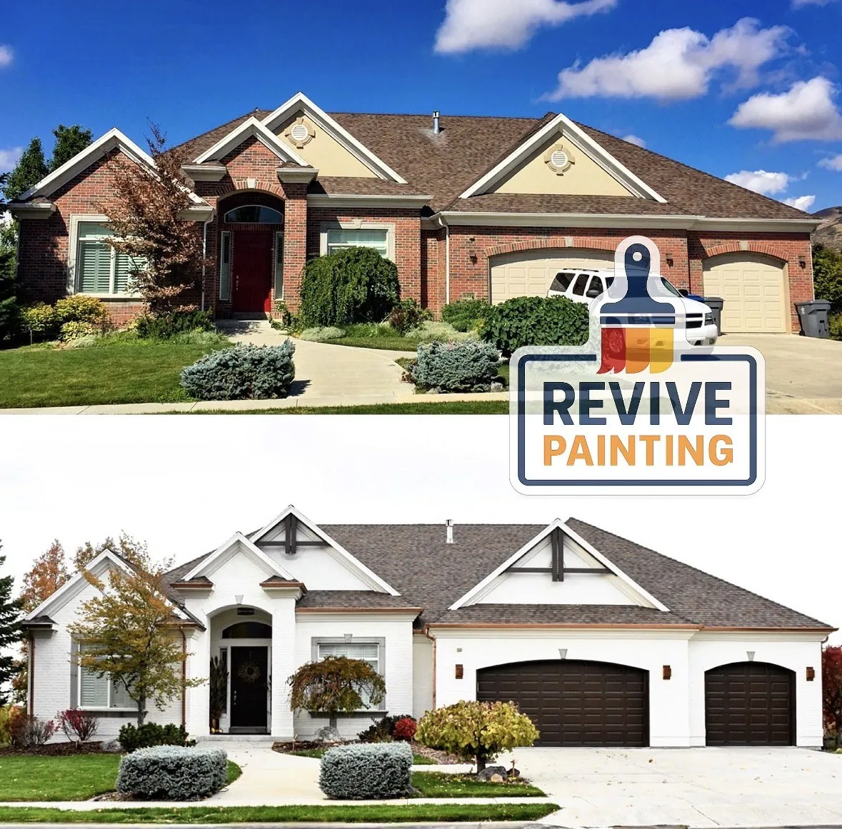 Before and after: red brick home painted white with dark garage doors and front door, by Revive Painting